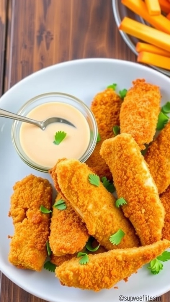 Crispy chicken goujons on a plate with dipping sauce and vegetable sticks.